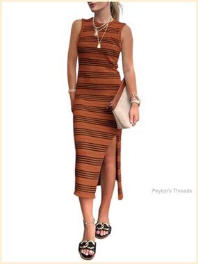 Sleeveless Striped Midi Bodycon Dress Side Slit Knit Summer